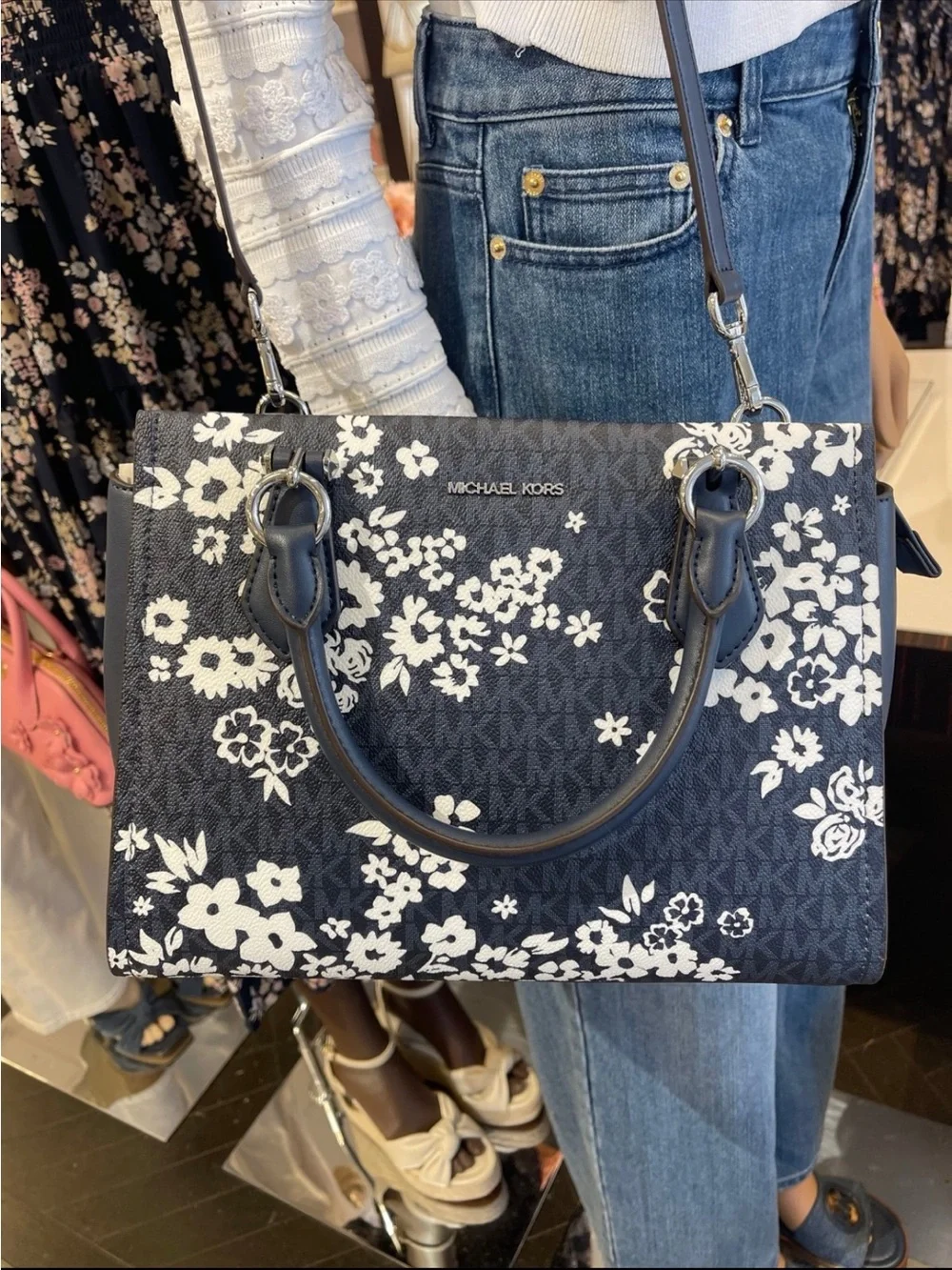 MICHAEL KORS Marilyn Md Printed Signature Logo Satchel Crossbody  Admiral  NWT